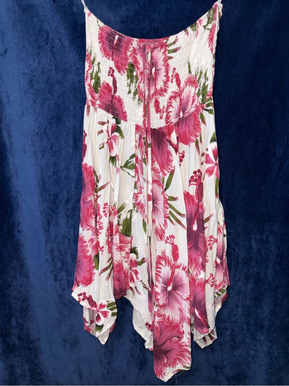 India Boutique White Burgundy Floral Smocked Handkerchief Hem Dress